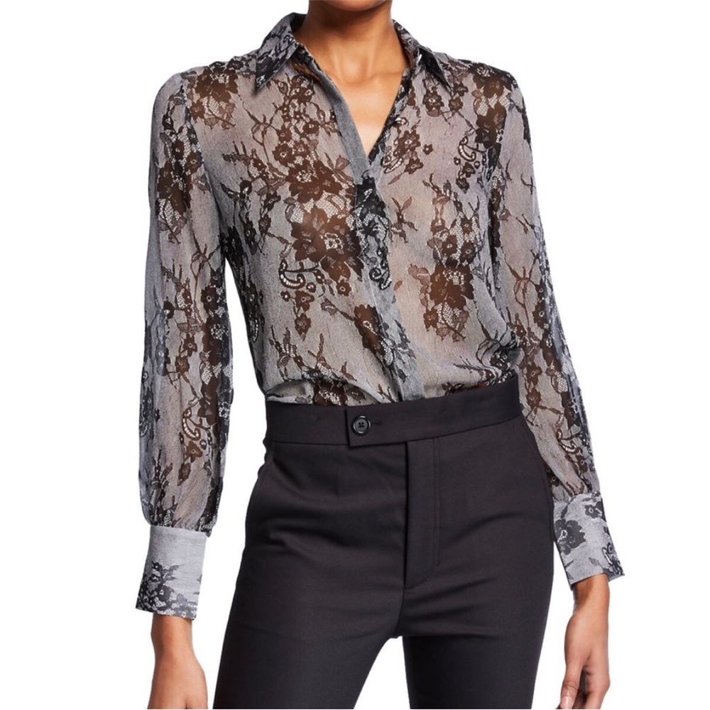 100% silk Club Monaco Sheer Lace print Blouse -